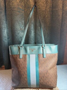 Michael Kors Brown Tote with Teal and White Center Stripe
